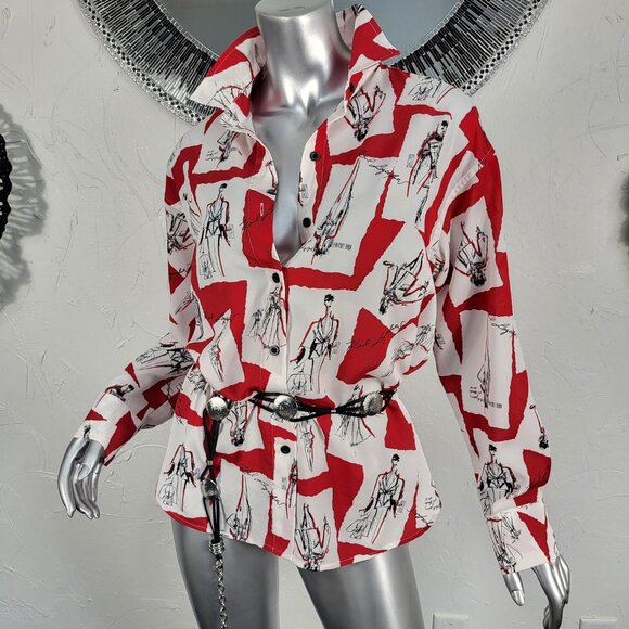 NWOT~$89~KARL LAGERFELD~S/M/L~OVERSIZED RED WHITE BLACK BLOUSE SHIRT TOP - Picture 7 of 16